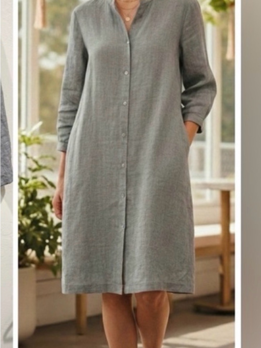 Eileen Fisher Gray Button-Front Midi Organic Linen Flax Dress L